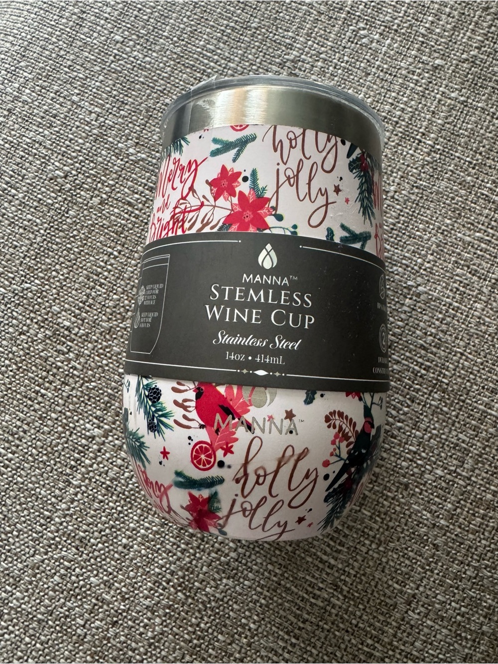 Manna Stemless Wine Cup - White with Red Holiday Floral